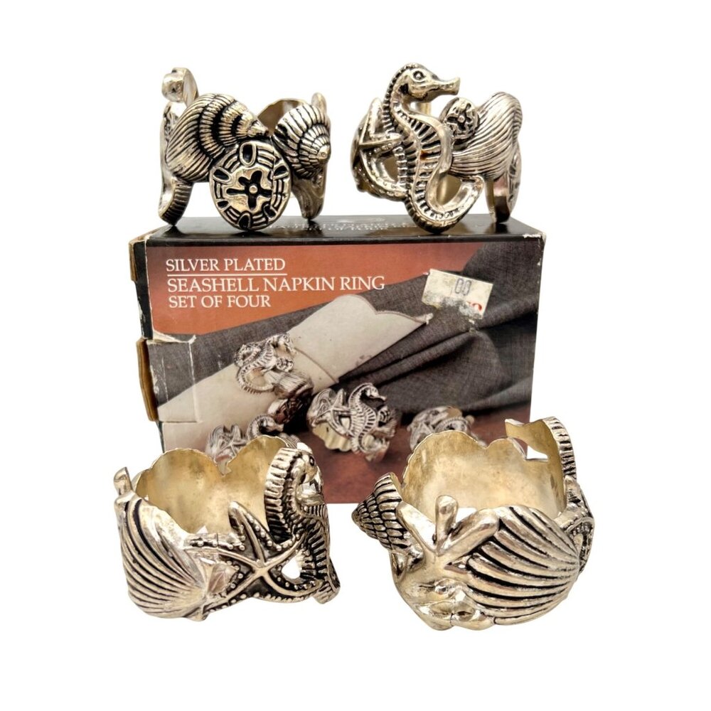 Godinger Silver Plated Seashell Napkin Rings Set Of Four Seahorse Beach Coastal